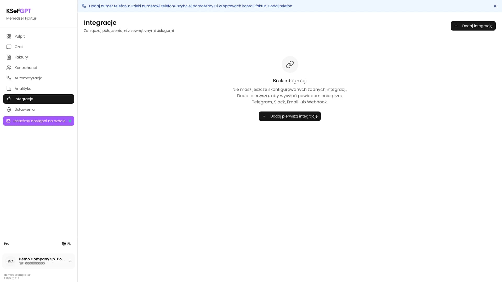 Pusta lista integracji w KSeFGPT z przyciskiem Dodaj pierwszą integrację