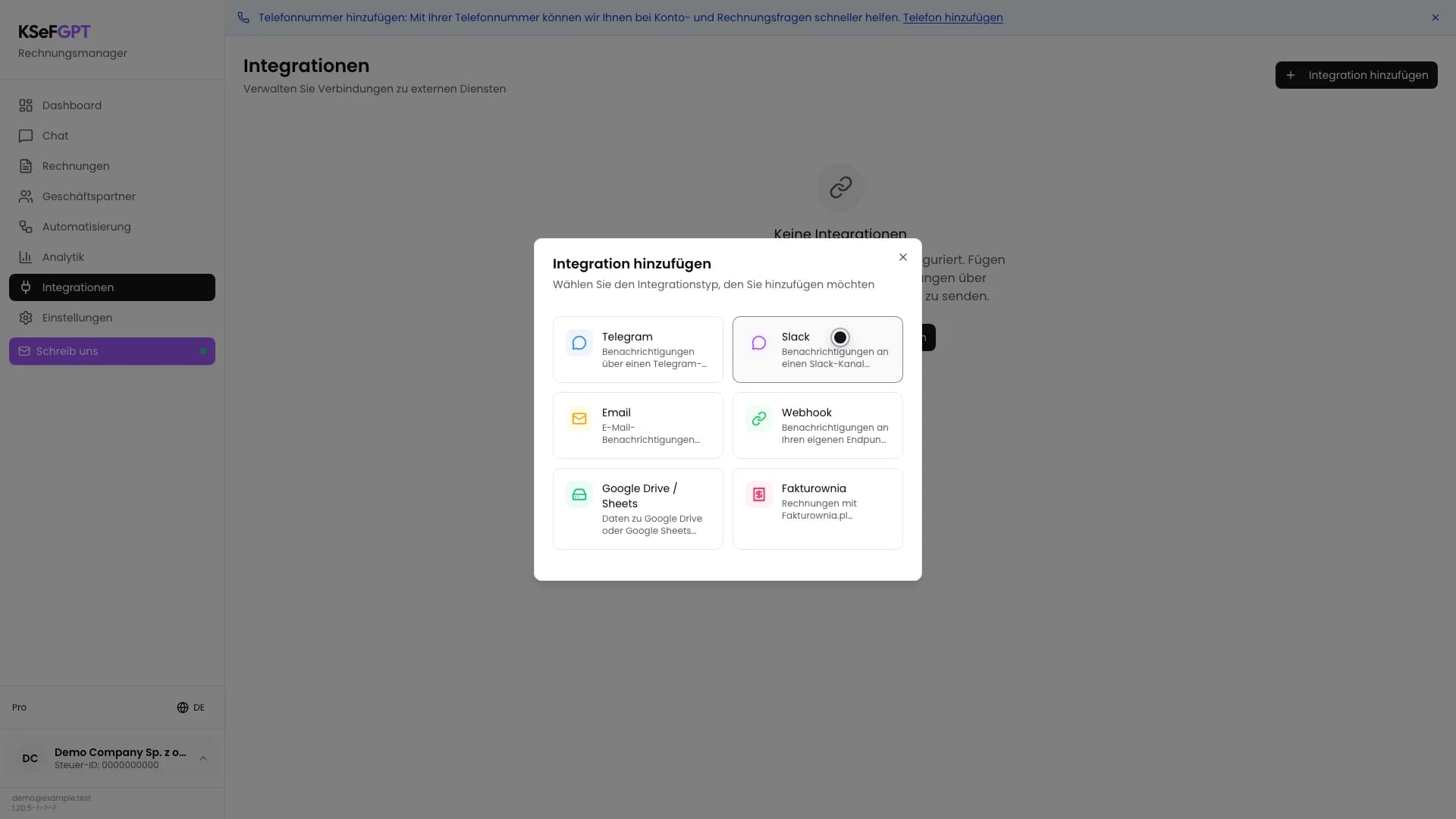Dialog Integration hinzufügen mit sichtbarer Slack-Karte