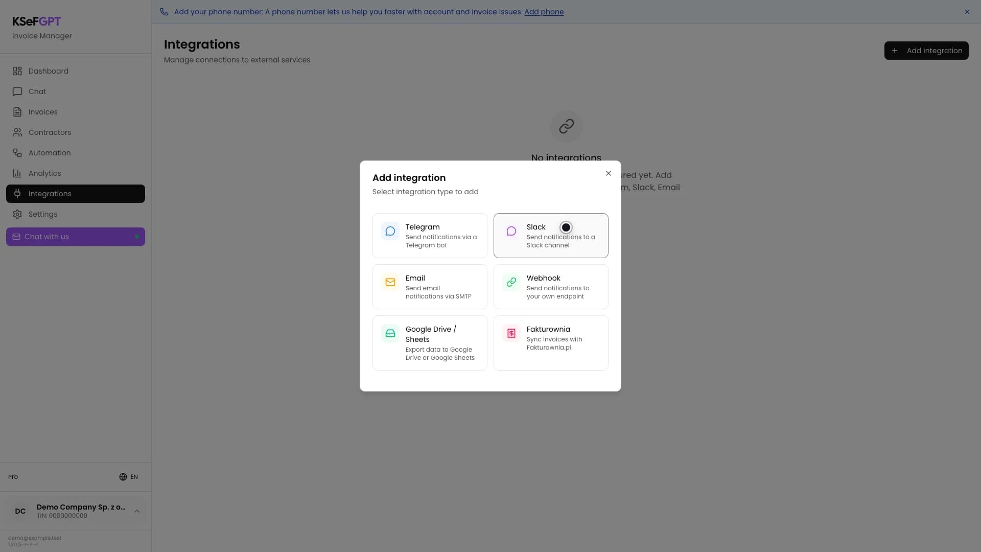 Add integration dialog with the Slack card visible