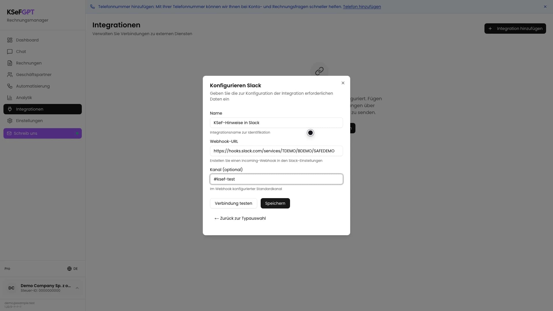 Formular Konfigurieren Slack mit Name, Demonstrations-Webhook und Testkanal