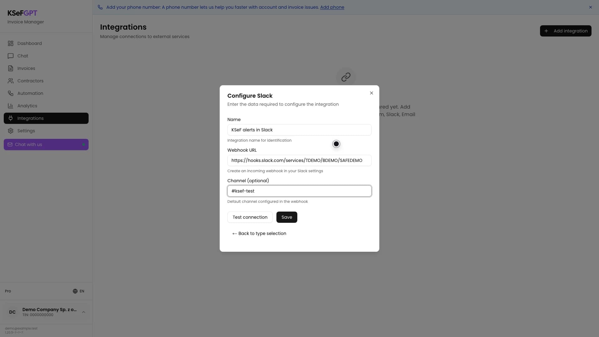 Configure Slack form with a name, demonstration webhook URL and test channel