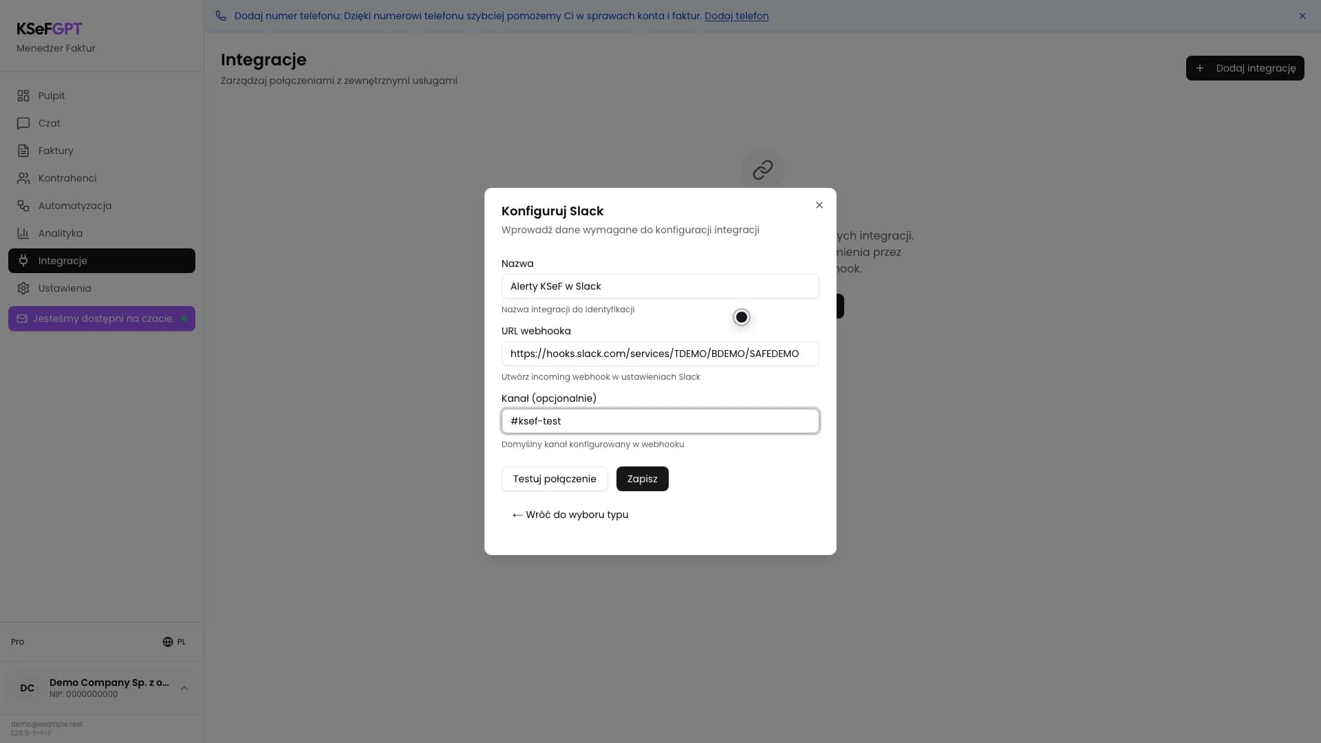 Formularz Konfiguruj Slack z nazwą, demonstracyjnym URL webhooka i kanałem testowym