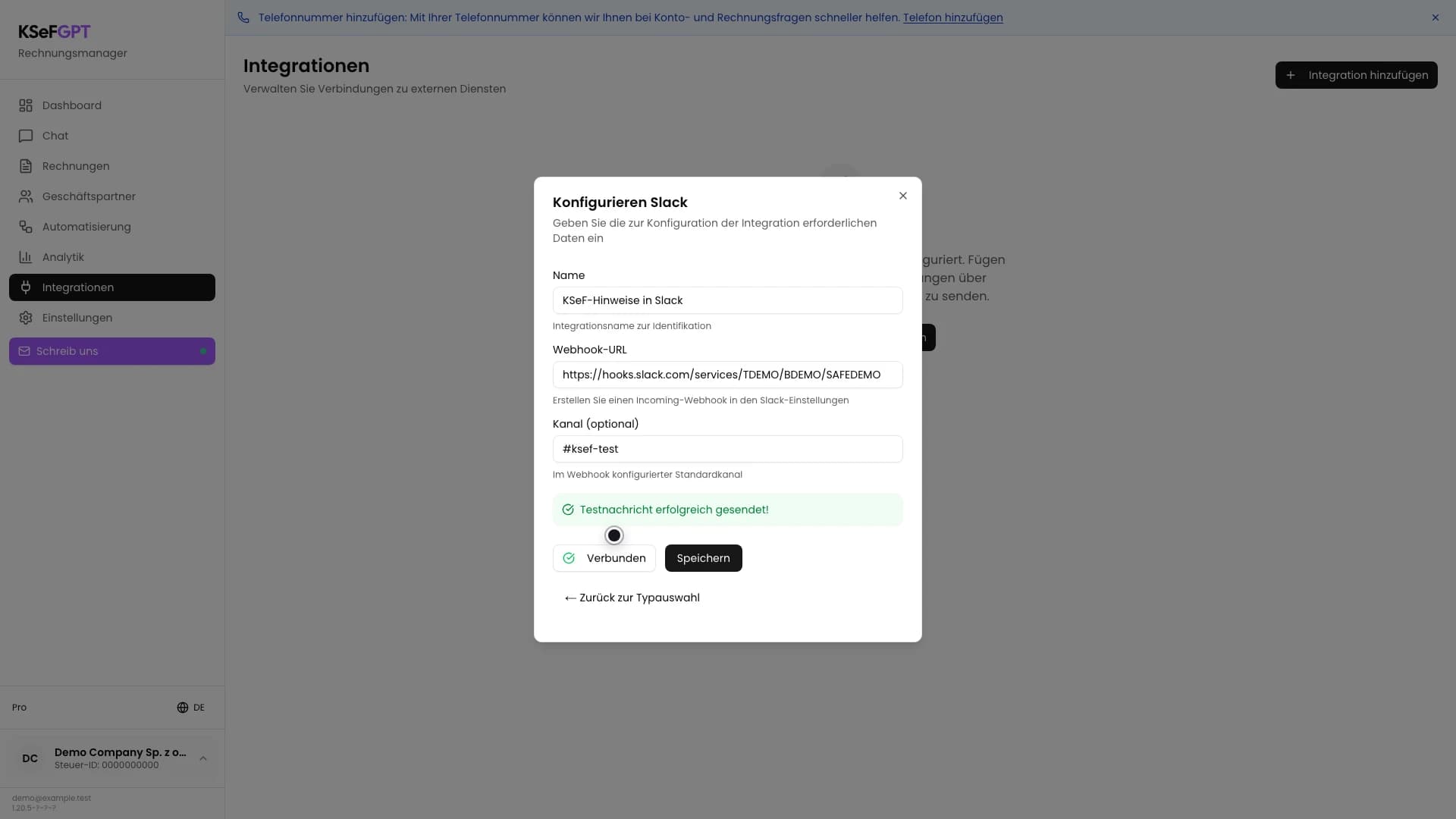 Slack-Formular mit Bestätigung der erfolgreich gesendeten Testnachricht