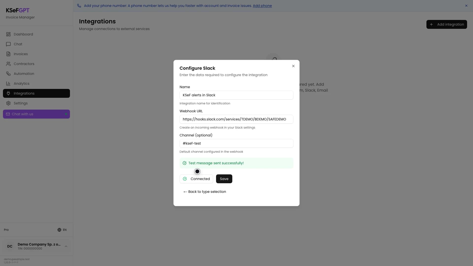 Slack form confirming that the test message was sent successfully