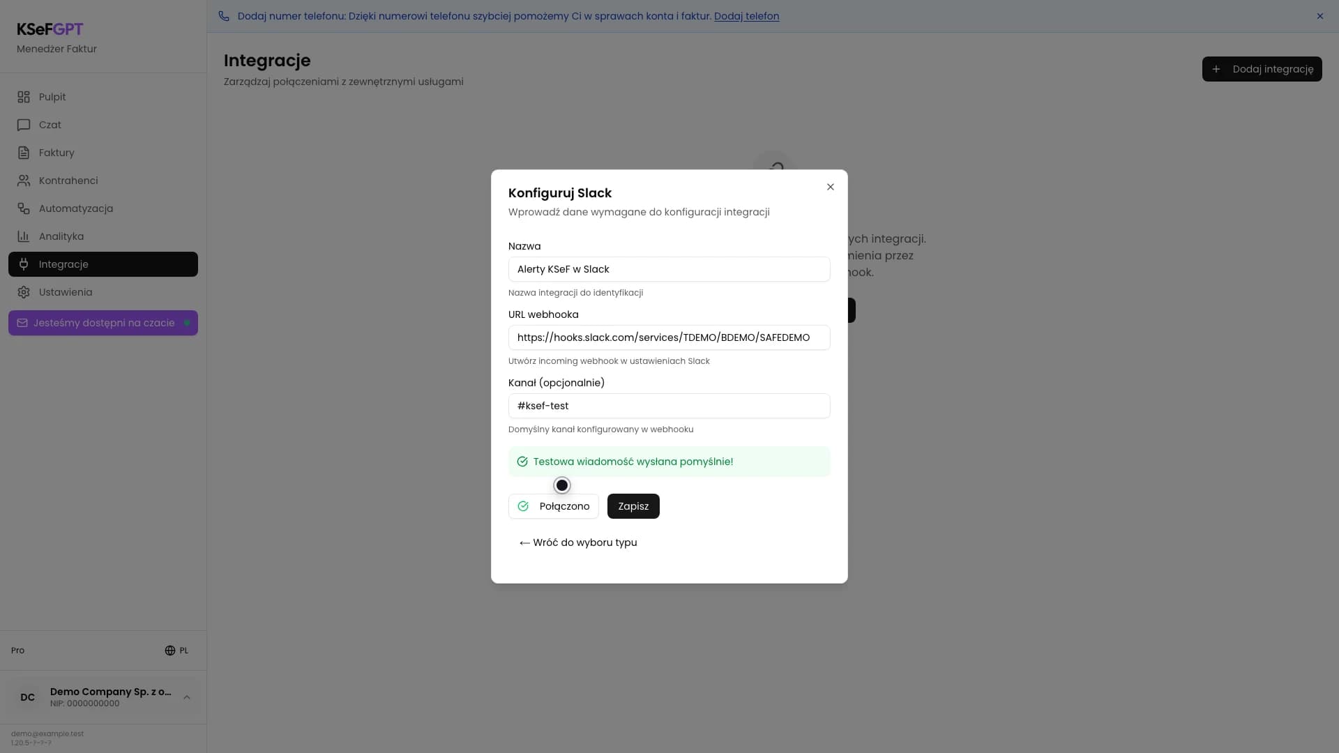Formularz Slack z potwierdzeniem pomyślnego wysłania wiadomości testowej