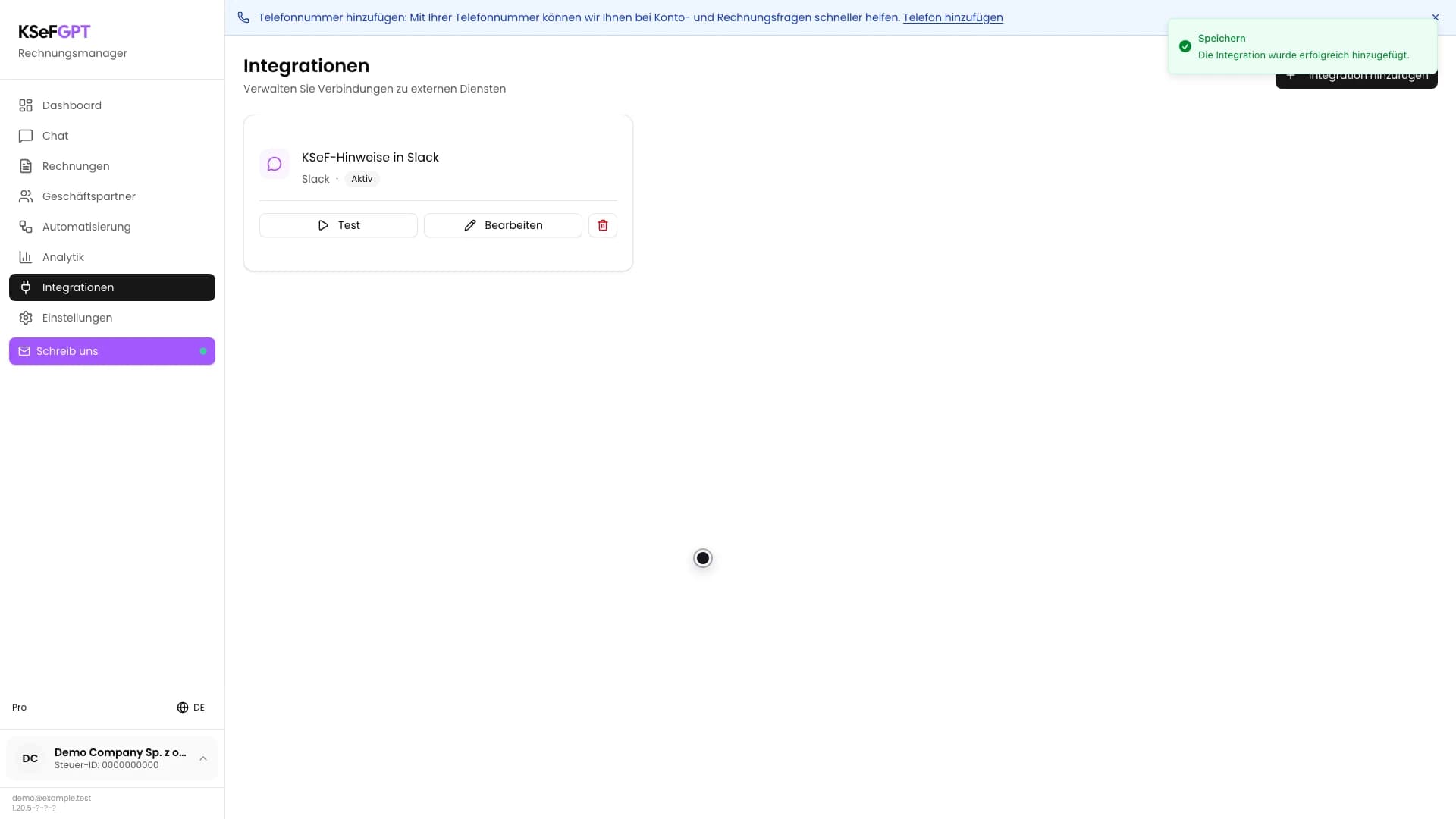 Gespeicherte Slack-Integrationskarte mit dem Status Aktiv