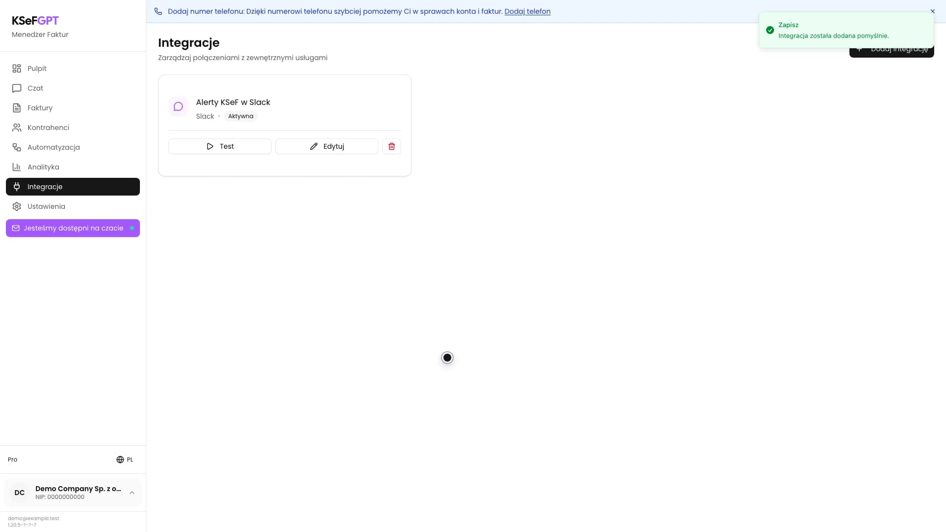 Zapisana karta integracji Slack ze statusem Aktywna