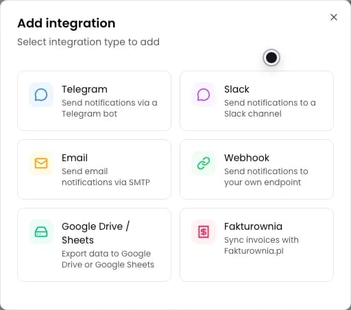Add integration dialog with the Telegram card visible