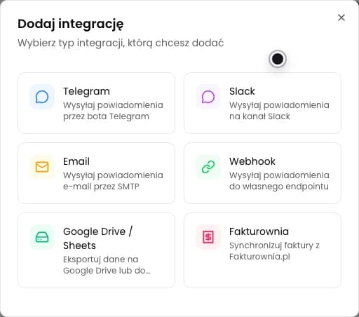 Okno Dodaj integrację z widoczną kartą Telegram