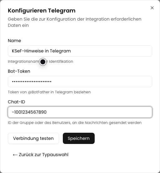 Formular Konfigurieren Telegram mit Name, verborgenem Bot-Token und Demonstrations-Chat-ID