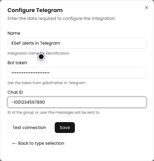 Configure Telegram form with a name, hidden bot token and demonstration chat ID