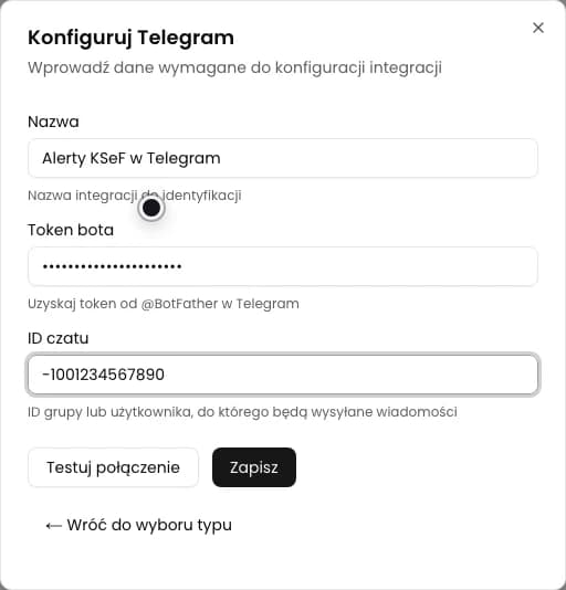 Formularz Konfiguruj Telegram z nazwą, ukrytym tokenem bota i demonstracyjnym ID czatu
