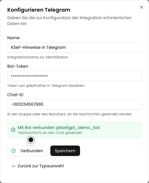Telegram-Formular mit Bestätigung der Bot-Verbindung und der gesendeten Testnachricht