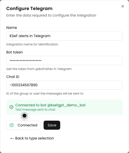 Telegram form confirming connection to the bot and delivery of the test message