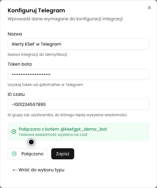 Formularz Telegram z potwierdzeniem połączenia z botem i wysłania wiadomości testowej