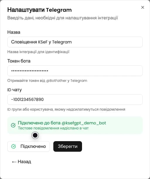 Форма Telegram з підтвердженням з'єднання з ботом і надсилання тестового повідомлення
