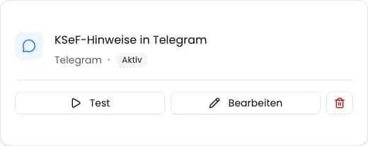 Gespeicherte Telegram-Integrationskarte mit dem Status Aktiv