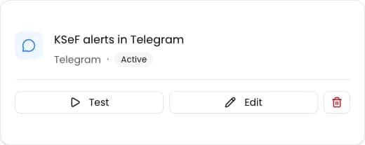 Saved Telegram integration card with the Active status