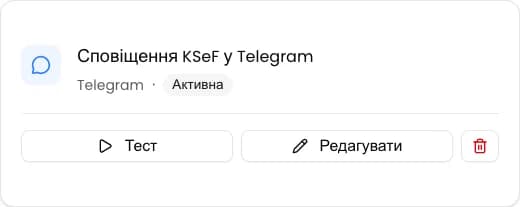 Збережена картка інтеграції Telegram зі статусом Активна