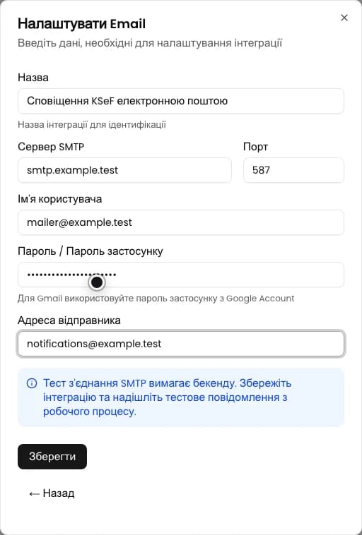 Форма Налаштувати Email із прихованим паролем і демонстраційною адресою відправника