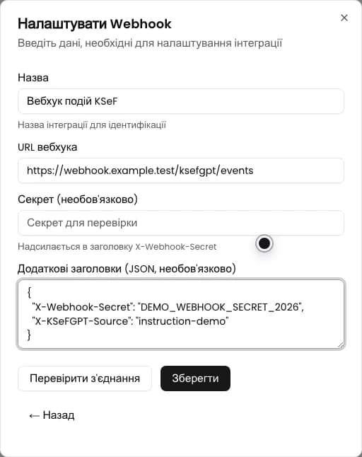 Форма Налаштувати Webhook із назвою та демонстраційною HTTPS-адресою