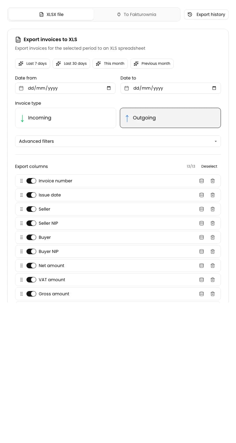 Export tab in Invoices with the XLSX file option selected