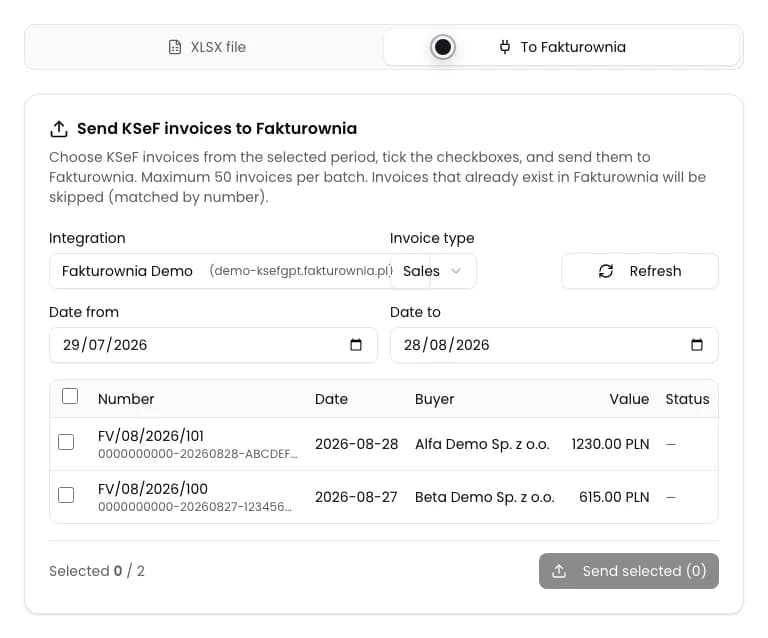 Invoice export with To Fakturownia selected and its configuration panel
