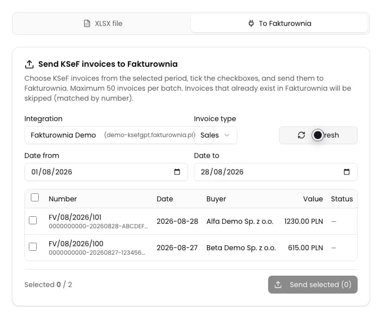 Fakturownia export panel with an integration, Sales type and date range selected