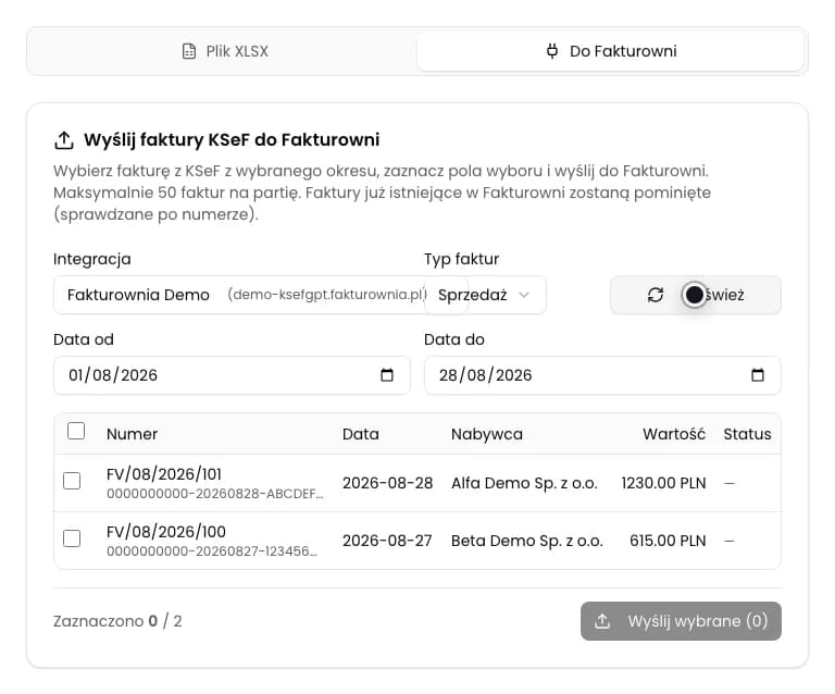 Panel eksportu do Fakturowni z wybraną integracją, typem Sprzedaż i zakresem dat