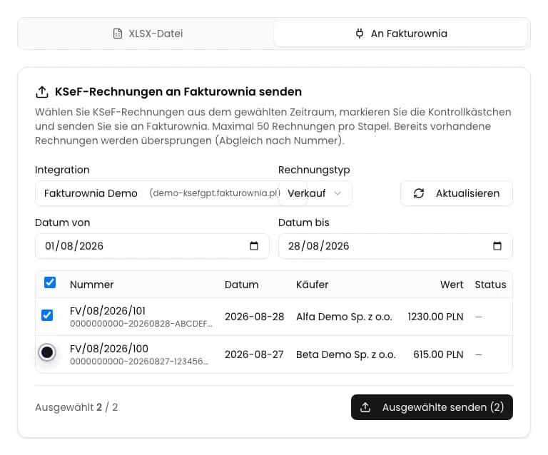 KSeF-Rechnungstabelle mit zwei für Fakturownia.pl ausgewählten Dokumenten