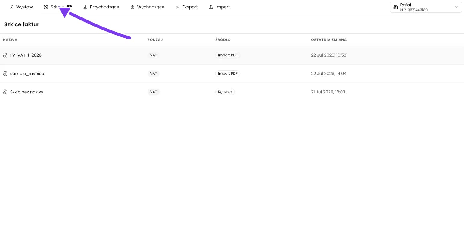 Lista Szkice faktur w KSeFGPT z dokumentami ze źródłem Ręcznie i Import PDF