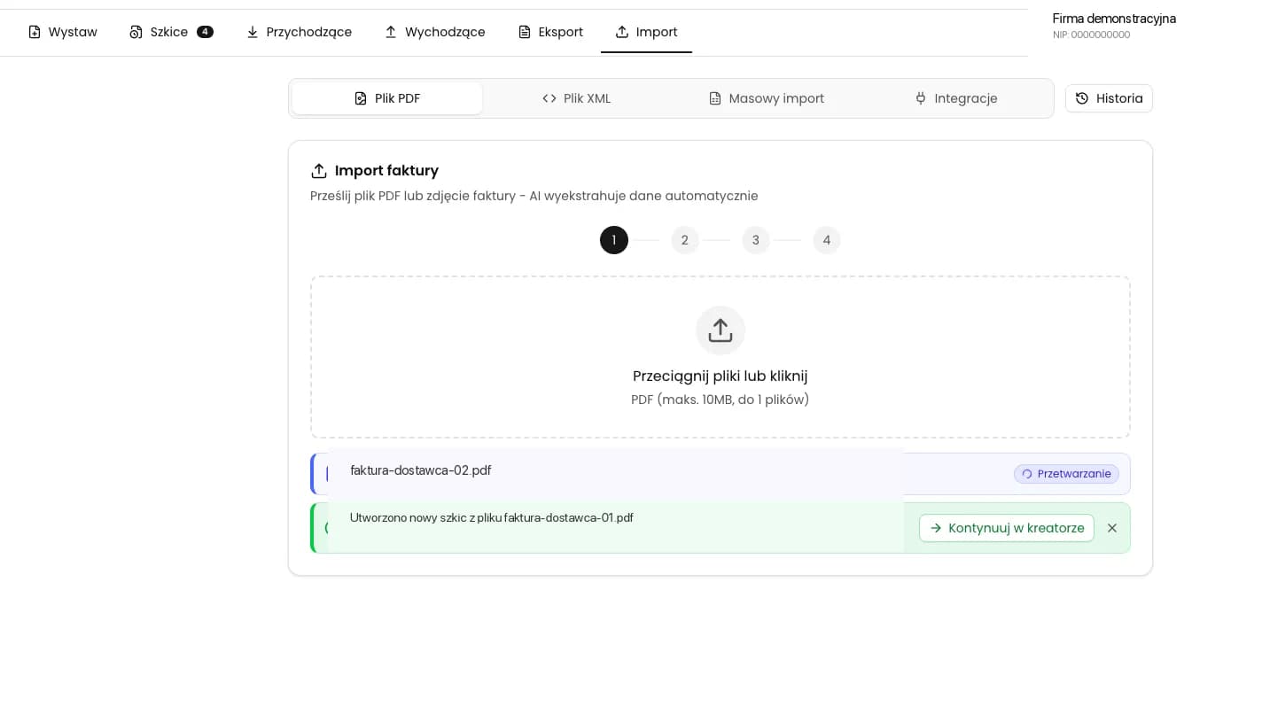 Tryb Plik PDF w zakładce Import KSeFGPT z polem przesyłania, przetwarzanym dokumentem i komunikatem o utworzeniu szkicu