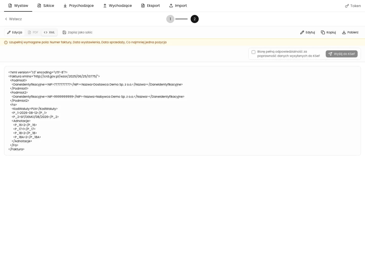 Podgląd XML faktury w KSeFGPT z oznaczeniem P_17 o wartości 1 dla samofakturowania