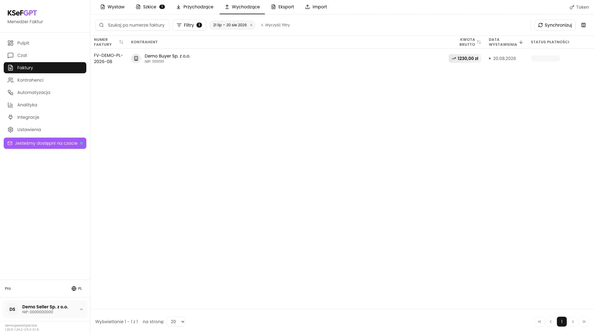 Lista faktur wychodzących w KSeFGPT z jedną zaakceptowaną fakturą demonstracyjną