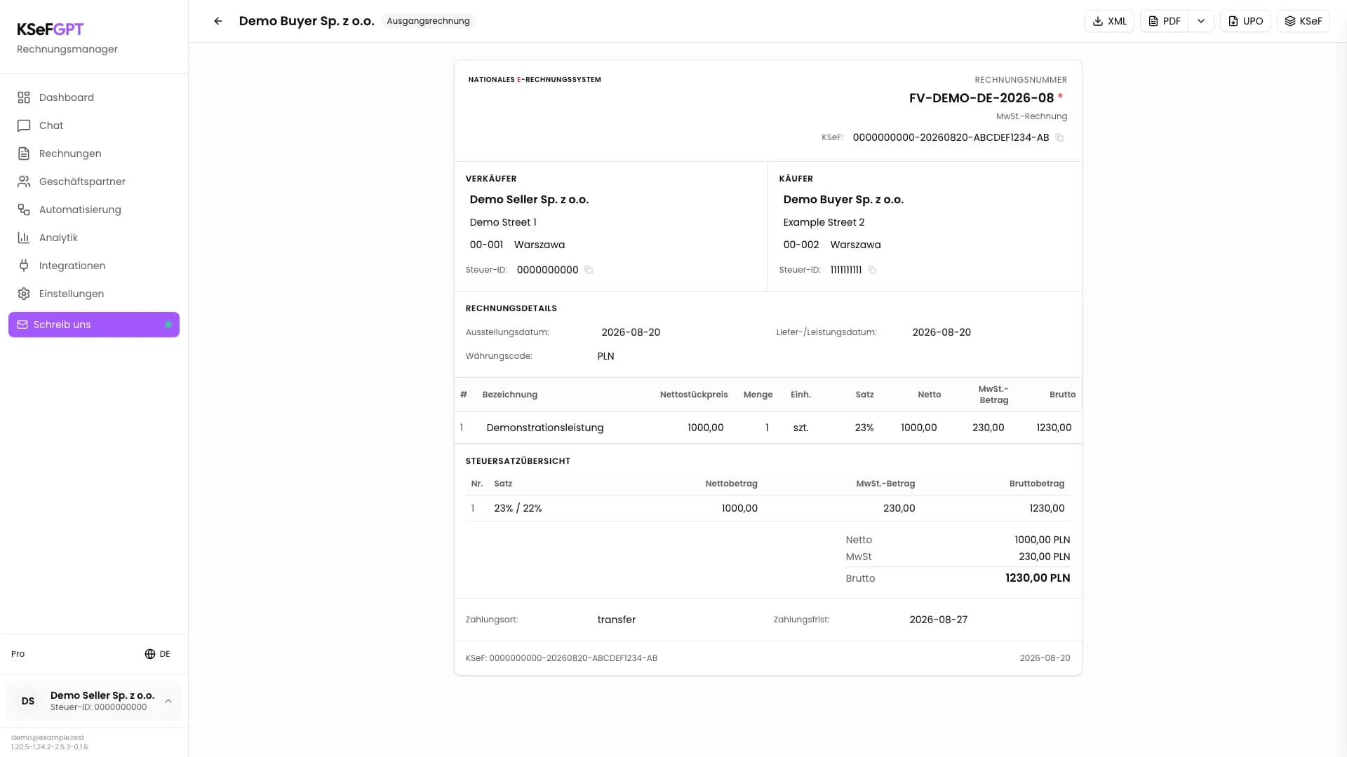 Details einer Ausgangsrechnung in KSeFGPT mit XML, PDF, UPO und KSeF