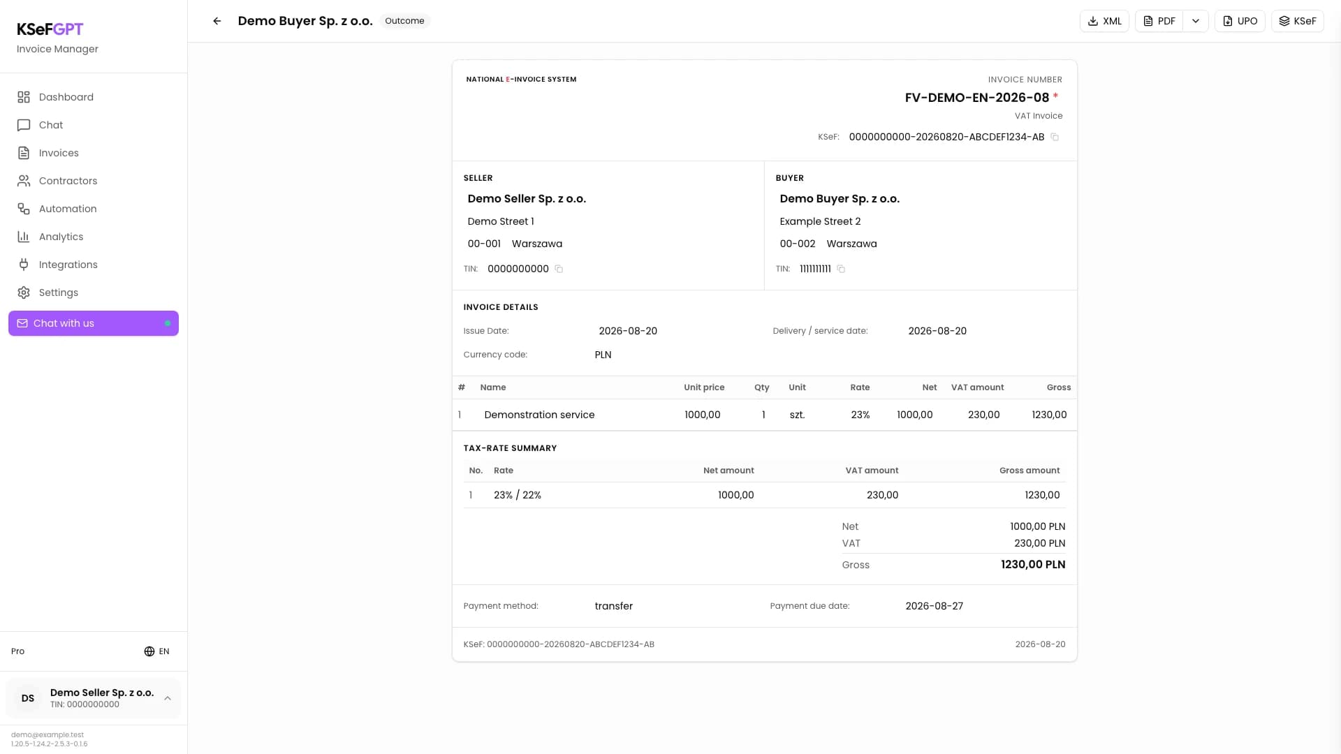 Outgoing invoice details in KSeFGPT with XML, PDF, UPO and KSeF actions