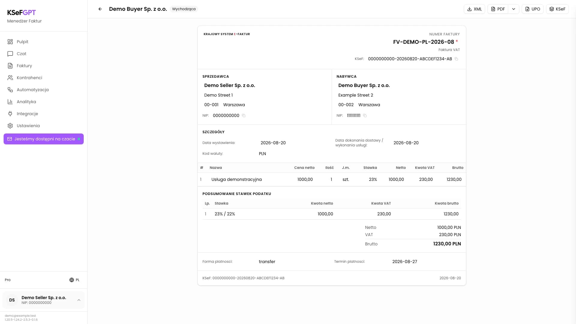 Szczegóły faktury wychodzącej w KSeFGPT z przyciskami XML, PDF, UPO i KSeF