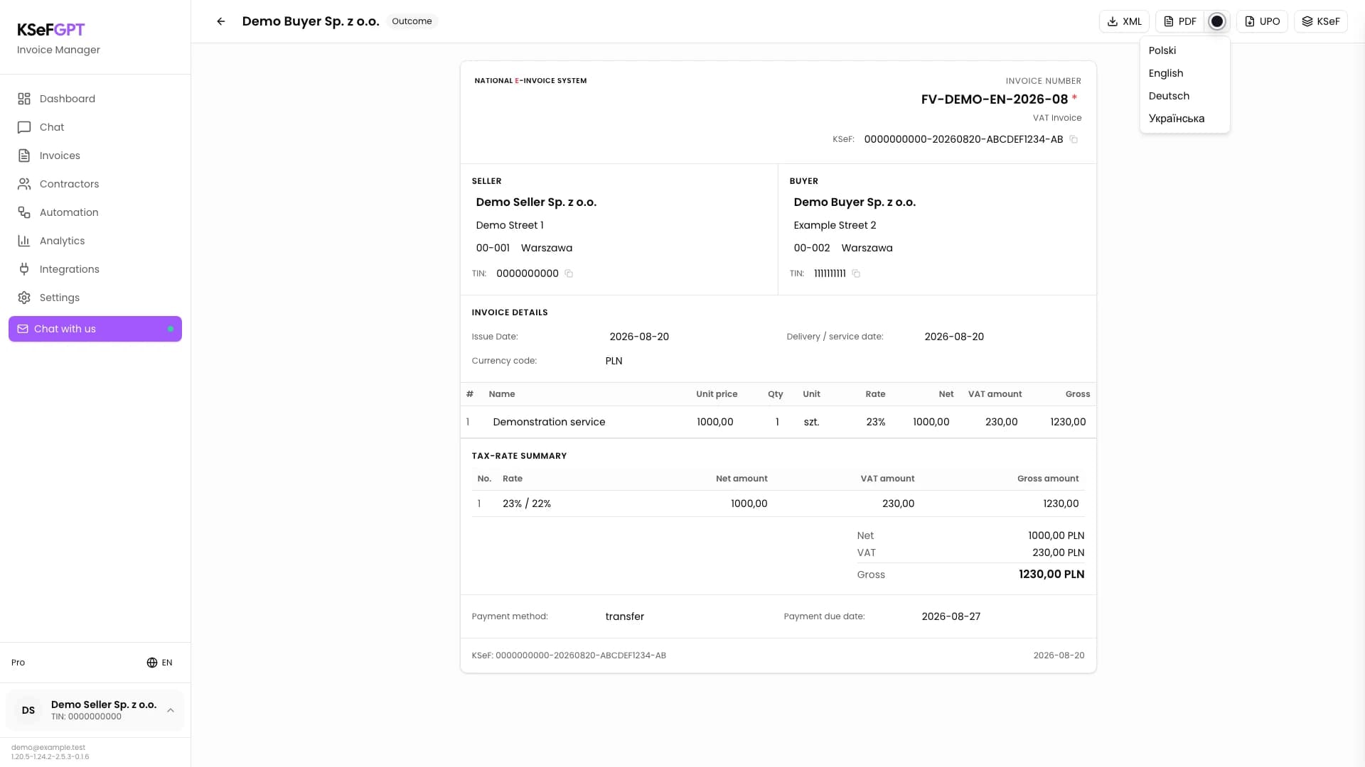 Invoice details in KSeFGPT with the PDF language menu showing Polski, English, Deutsch and Українська