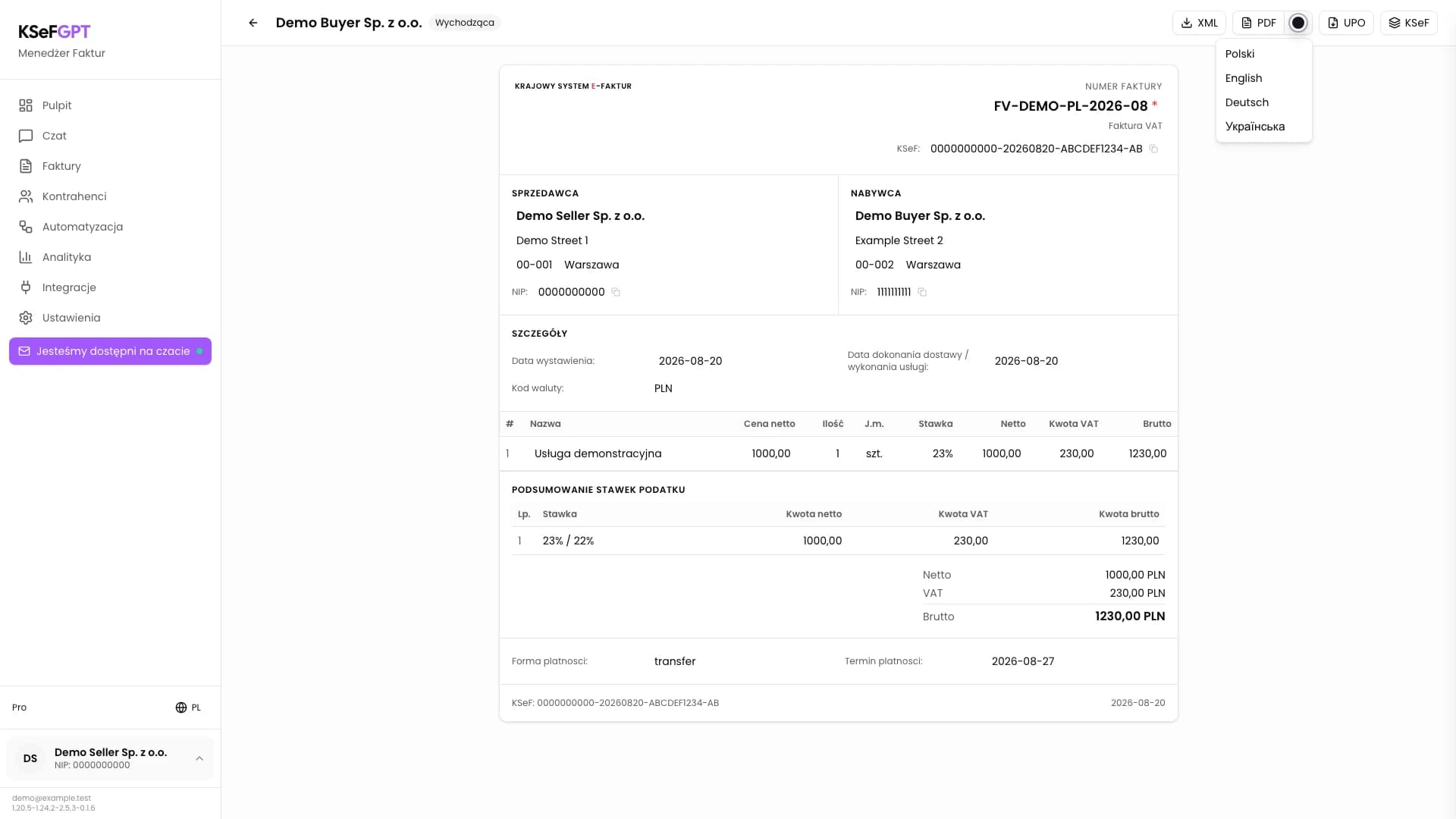 Szczegóły faktury w KSeFGPT z rozwiniętym menu języka PDF: Polski, English, Deutsch i Українська