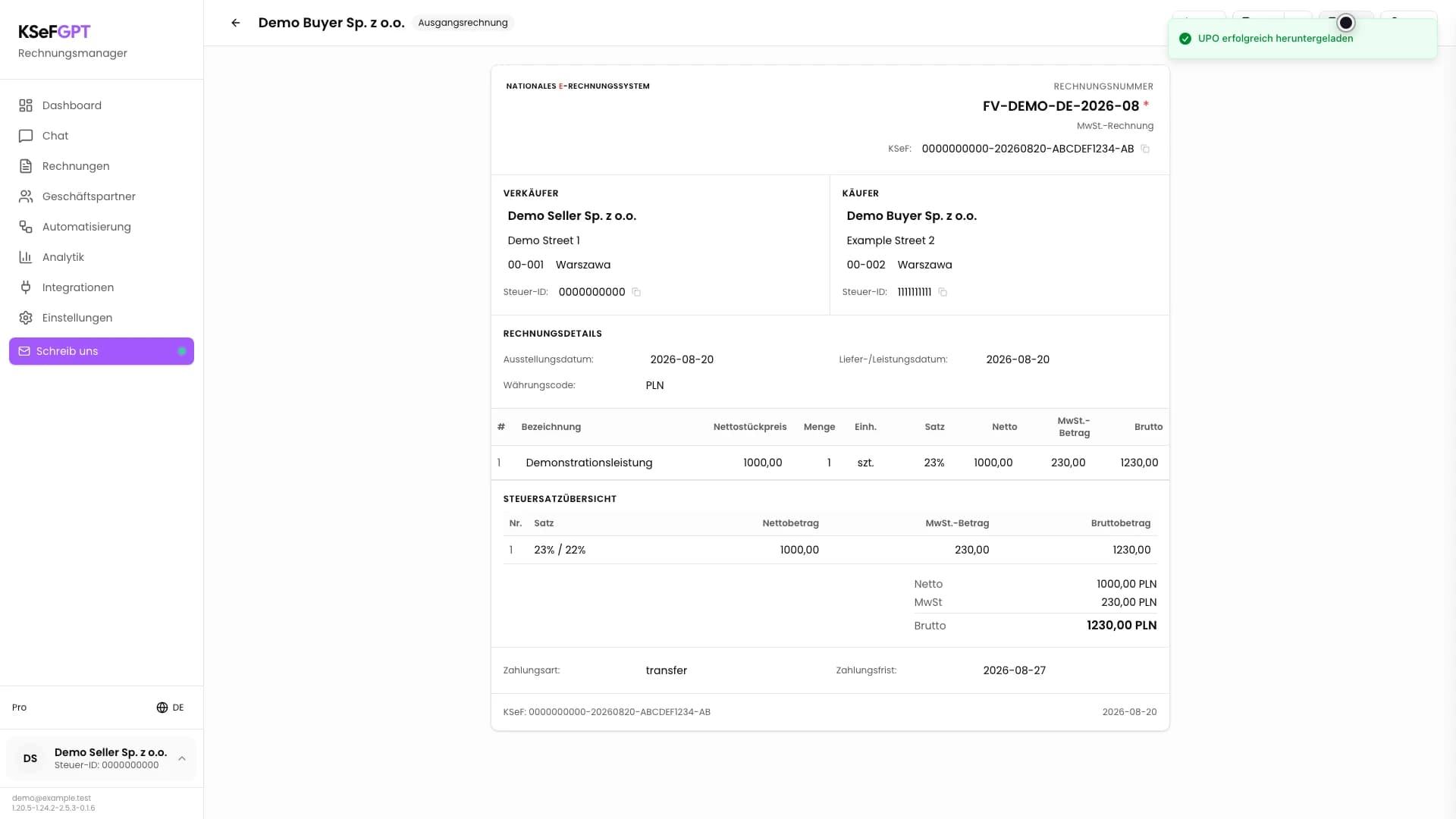 Rechnungsdetails in KSeFGPT mit der grünen Meldung UPO erfolgreich heruntergeladen