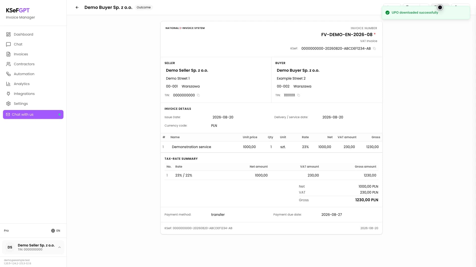 Invoice details in KSeFGPT with a green UPO downloaded successfully message