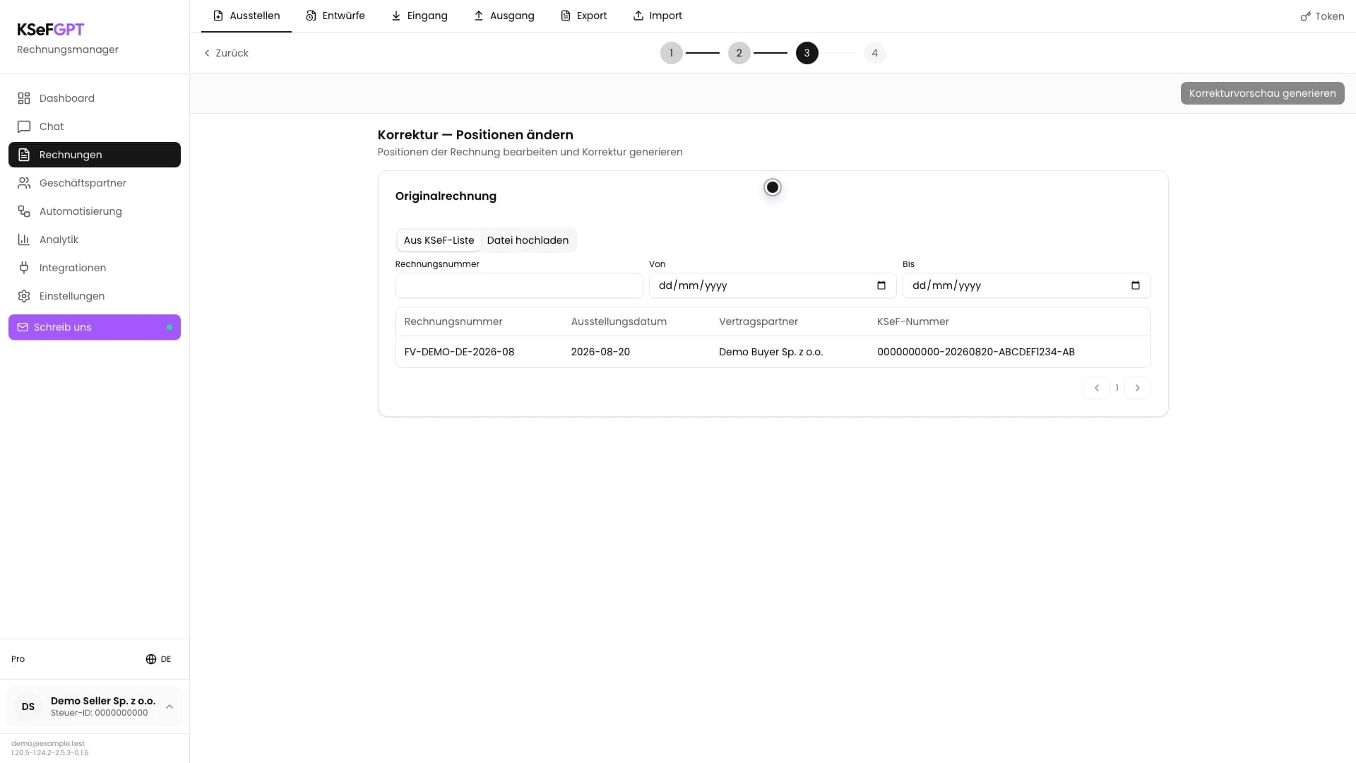 KSeF-Rechnungsliste im Formular der Positionskorrektur mit einem Demonstrationsdokument