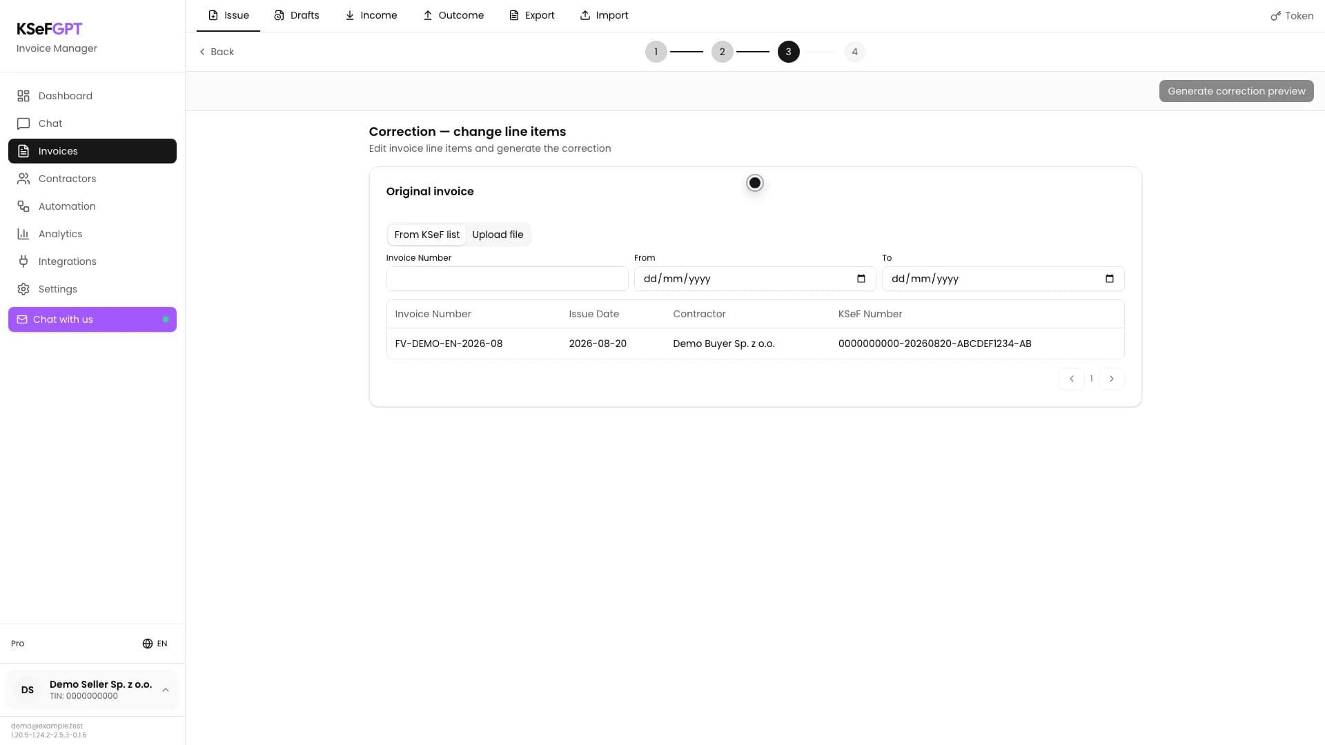 KSeF invoice list in the line-items correction form with a demonstration source document