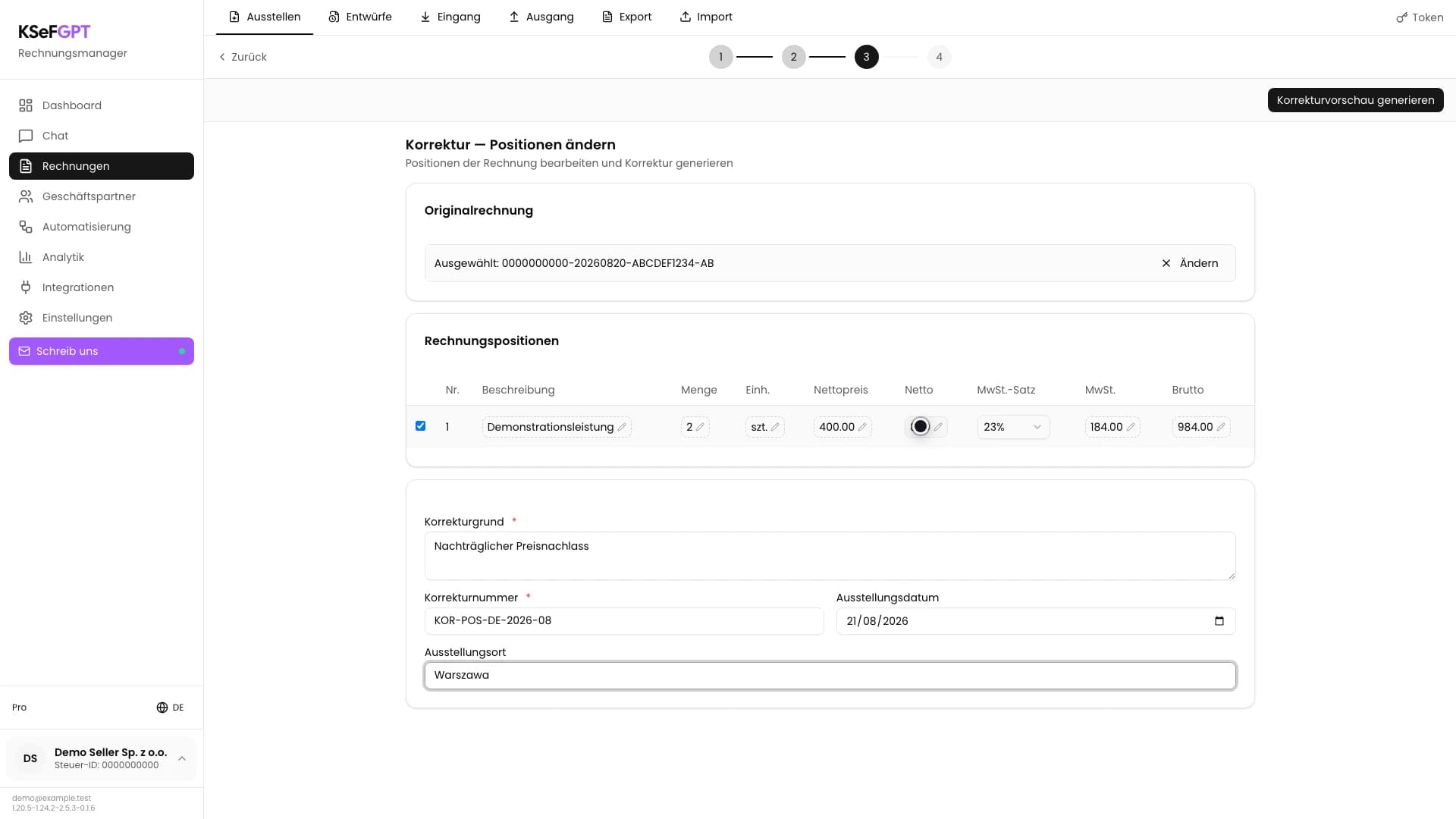 Formular der Positionskorrektur mit markierter Leistung, geändertem Nettobetrag und ausgefüllten Korrekturdaten
