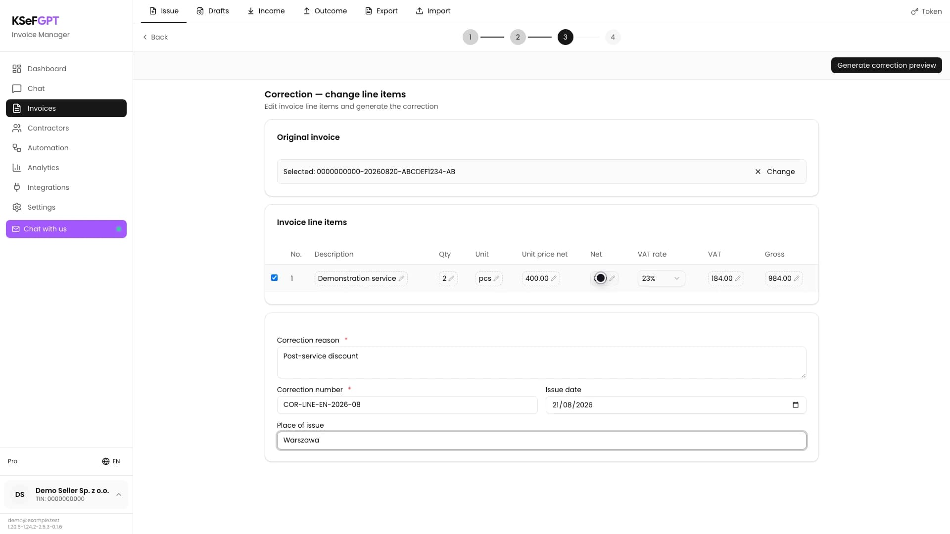Line-items correction form with a selected service, changed net amount and completed correction data