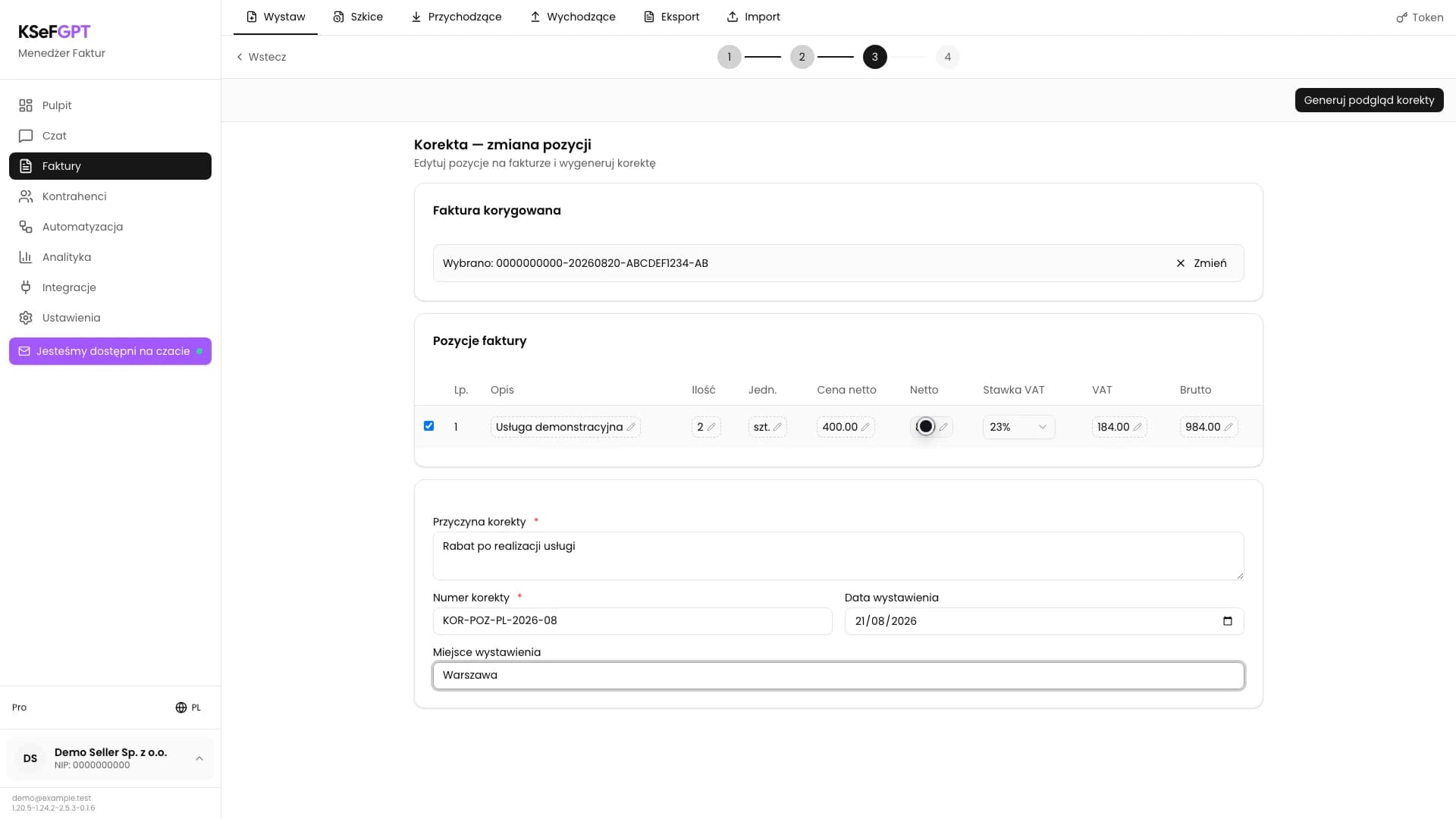 Formularz korekty pozycji z zaznaczoną usługą, zmienioną kwotą netto i uzupełnionymi danymi korekty