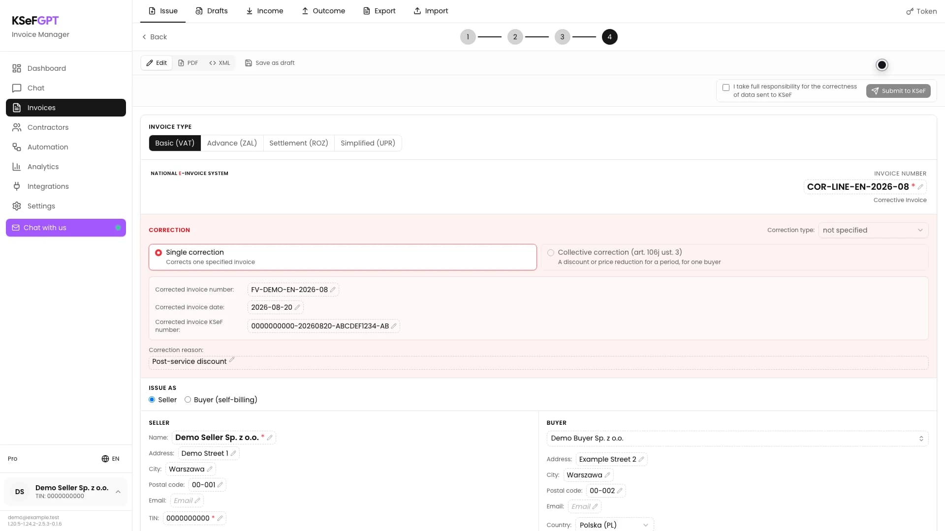 Correcting invoice preview in KSeFGPT with source invoice number, KSeF number and reason