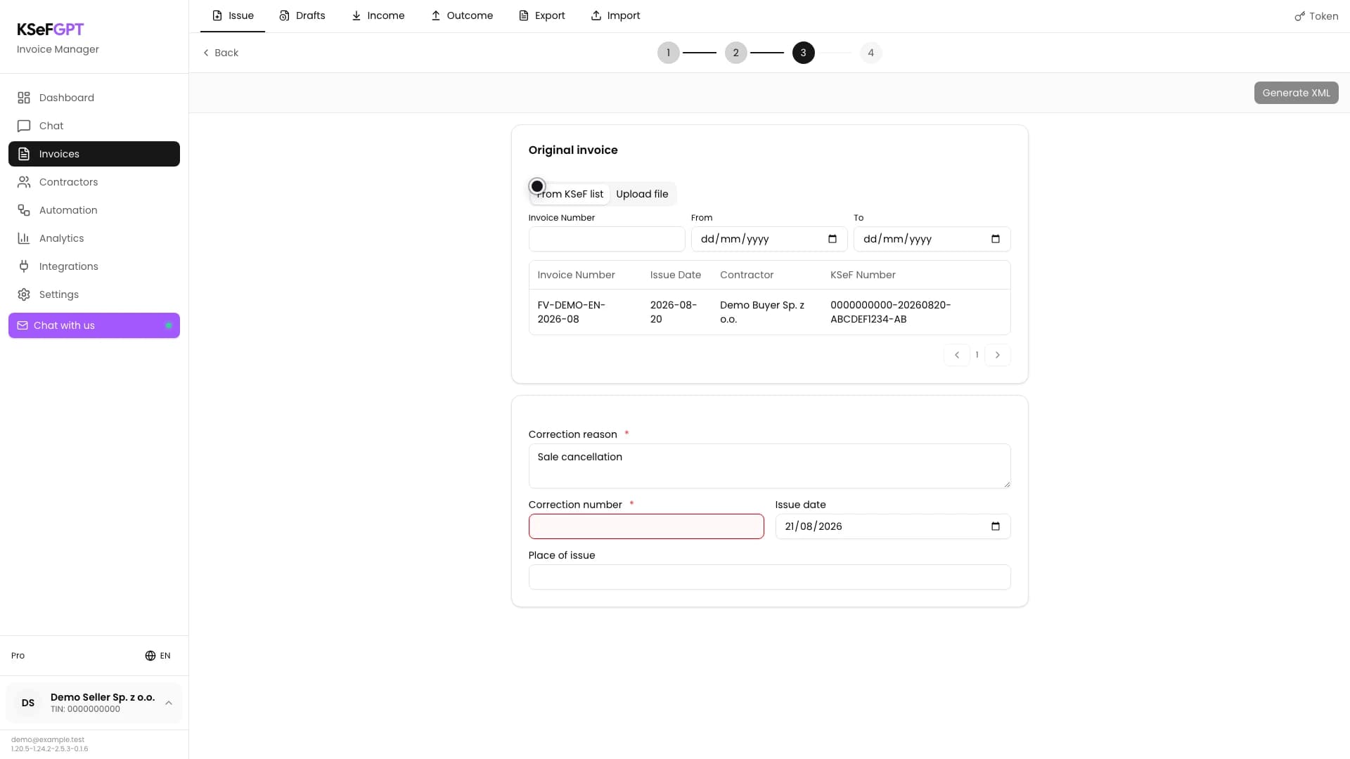 KSeF invoice list in the zero-out correction form with a demonstration source document