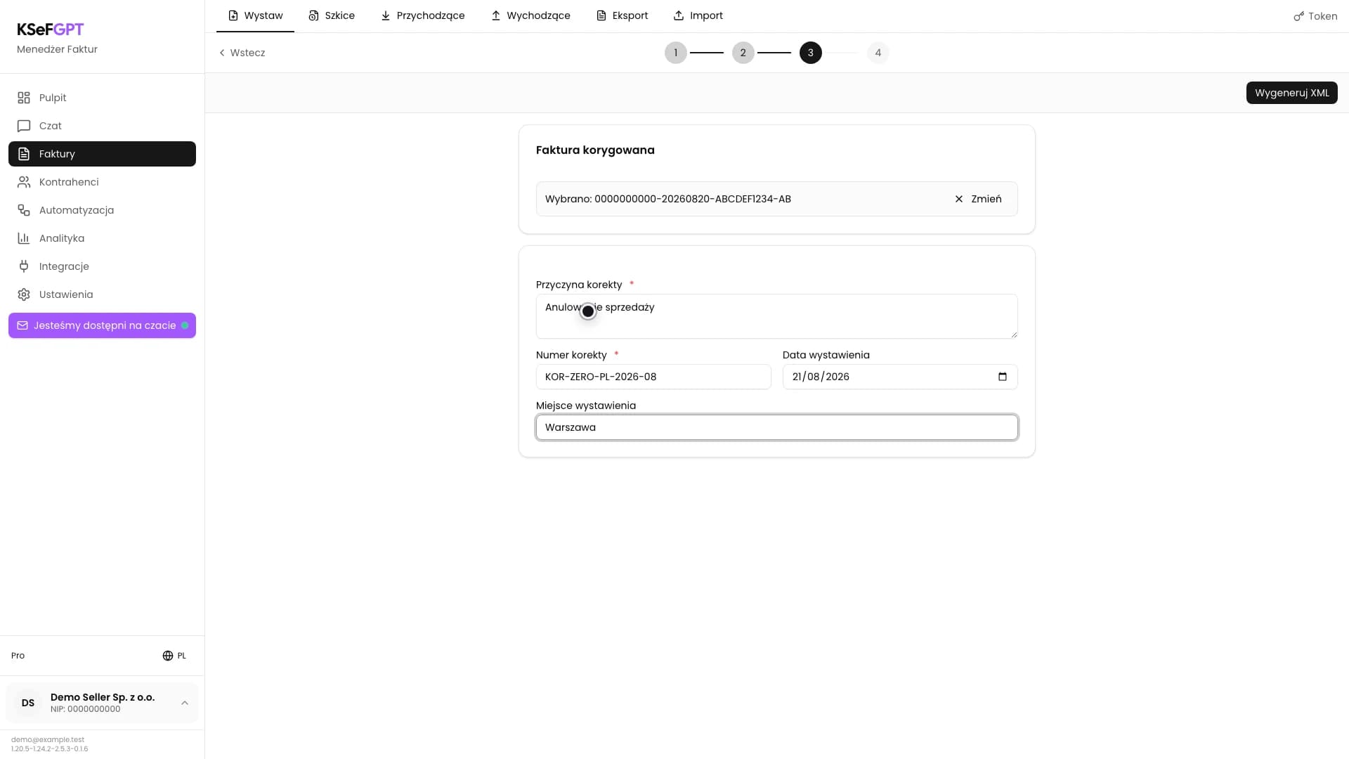 Formularz anulowania faktury z numerem KSeF, przyczyną, numerem korekty, datą i miejscem wystawienia