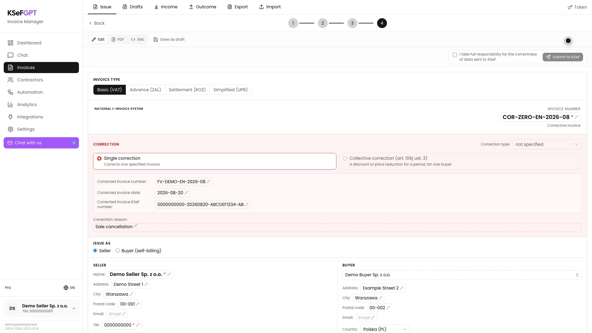 Zero-out correction preview in KSeFGPT with source invoice number, KSeF number and reason